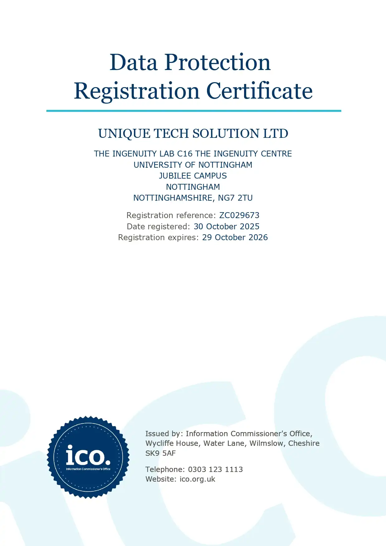 ICO Data Protection Registration Certificate — Unique Tech Solution Ltd